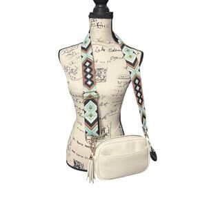Threaded Pear White Crossbody Bag w/Tassel & Tribal Strap – Adjustable Boho Bag